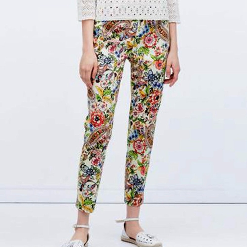 Zara Woman Paisley Floral Novelty Colorful Crop Cigarette Pants Size XL